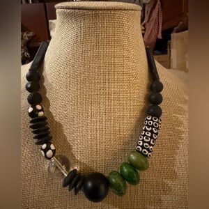 Vintage Black Glass African Beads Necklace With Smooth Nephrite Jade Spheres 20”